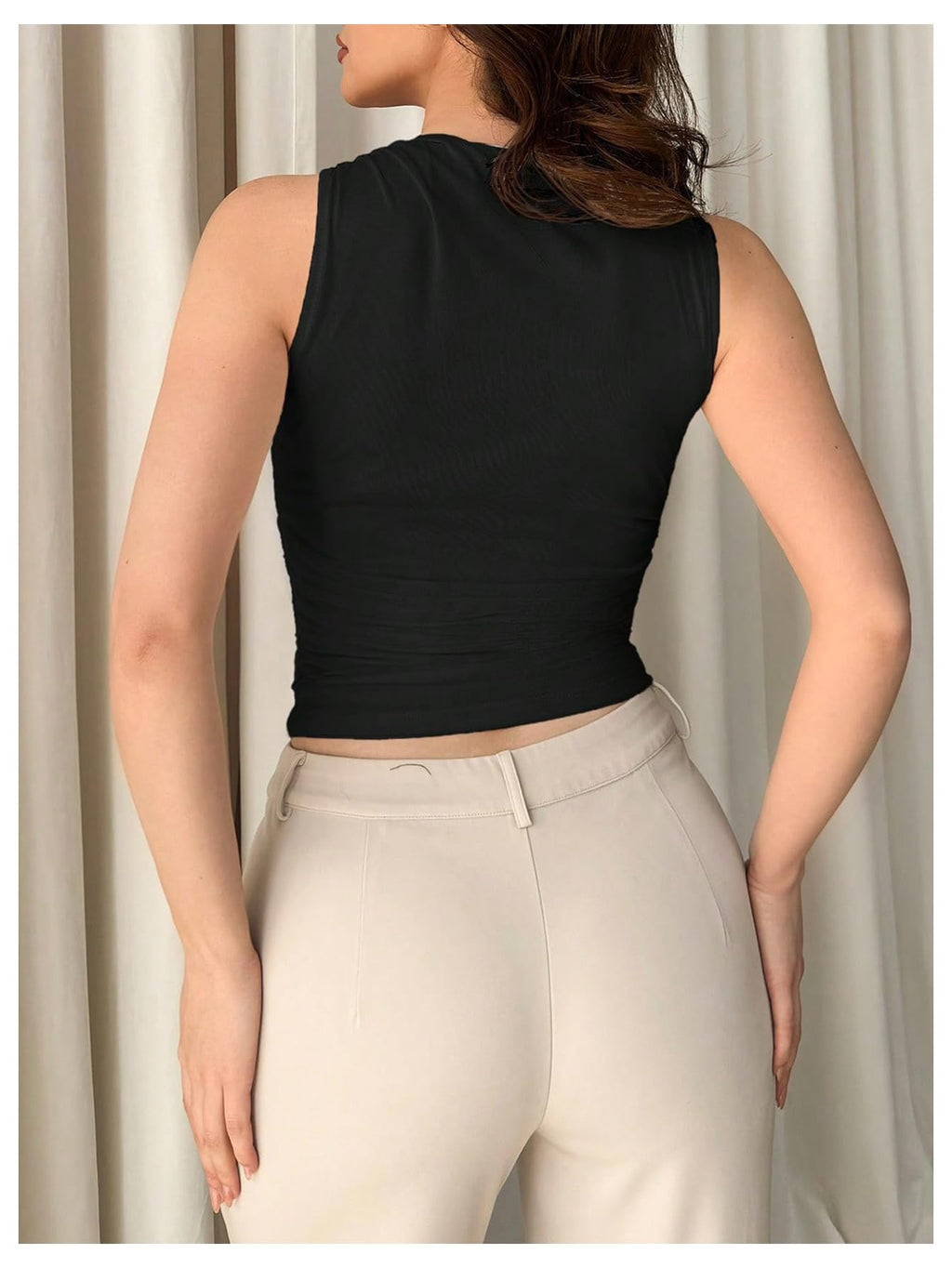 Women's Flower Print Mesh Top Sleeveless Mock Neck Ruched Tank Tops