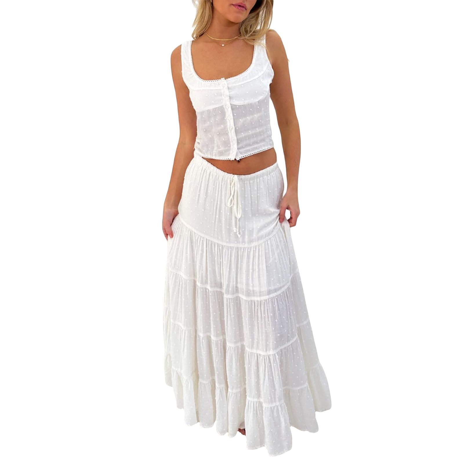 Women 2 Piece Outfits Y2k Sleeveless Lace Trim Cami Tops and Ruffle Ruched Maxi Skirt Matching Set