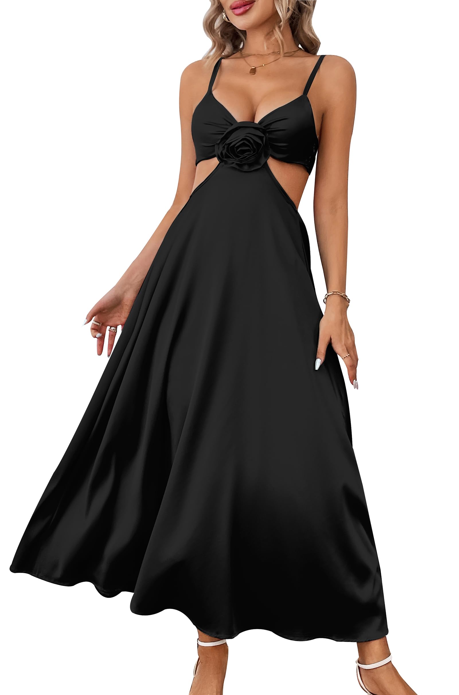 Women Satin Slip Padded Long Dress V Neck Adjustable Straps Backless Party Casual Dress 3D Flower Sundress