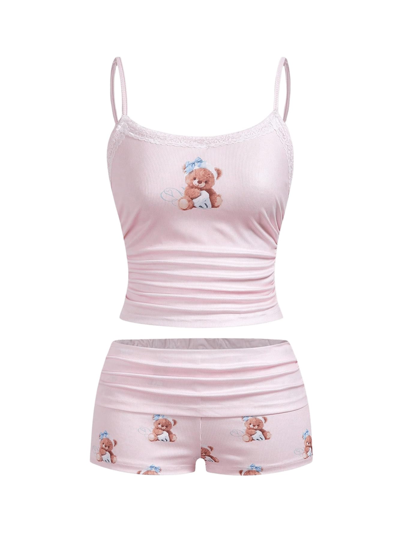 Women's 2 Piece Cute Pajama Set Cartoon Print Ruched Cami Crop Tops and Shorts Lounge Sets