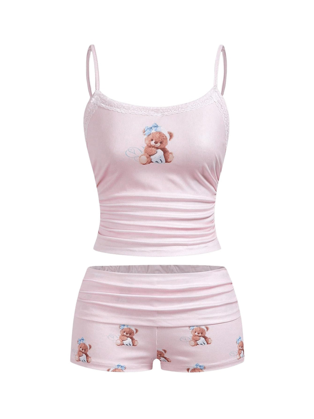 Women's 2 Piece Cute Pajama Set Cartoon Print Ruched Cami Crop Tops and Shorts Lounge Sets