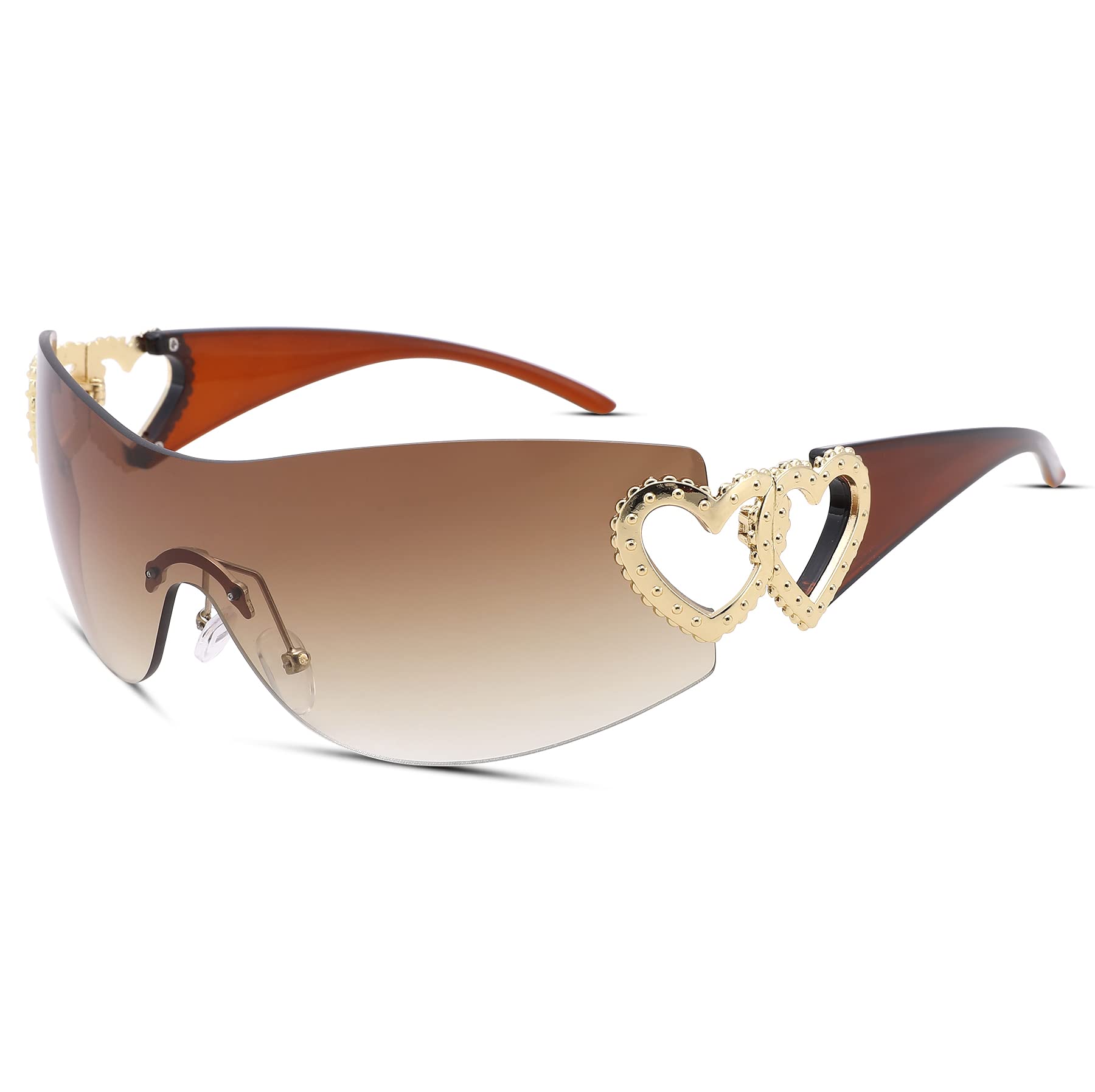 Wrap Around Heart Rhinestones Rimless Sunglasses Women Men, Oversized Fashion Futuristic Sun Glasses Cool Shade 2000S Trendy