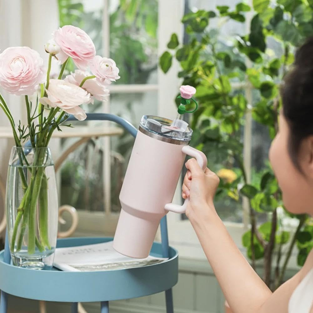 Rose Flower Straw Covers for Stanley Cup, Silicone Cover Dust Proof Plugs Protector 4Pcs 10mm