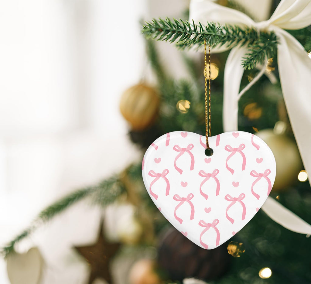 Coquette Trendy Pink Bow Ornament, Keepsake Sign for Decoration, Ceramic Heart