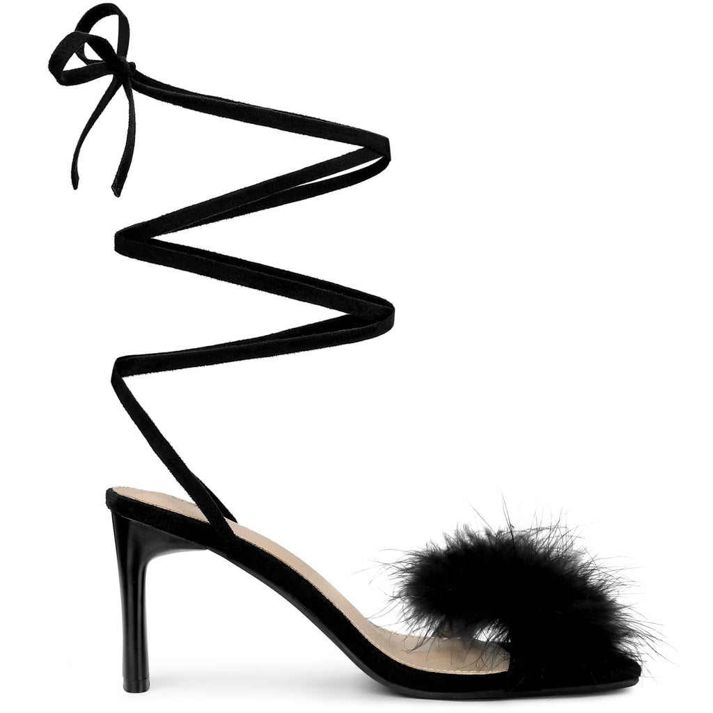 Women's Faux Fur Slingback Block Heels Lace Up Sandals