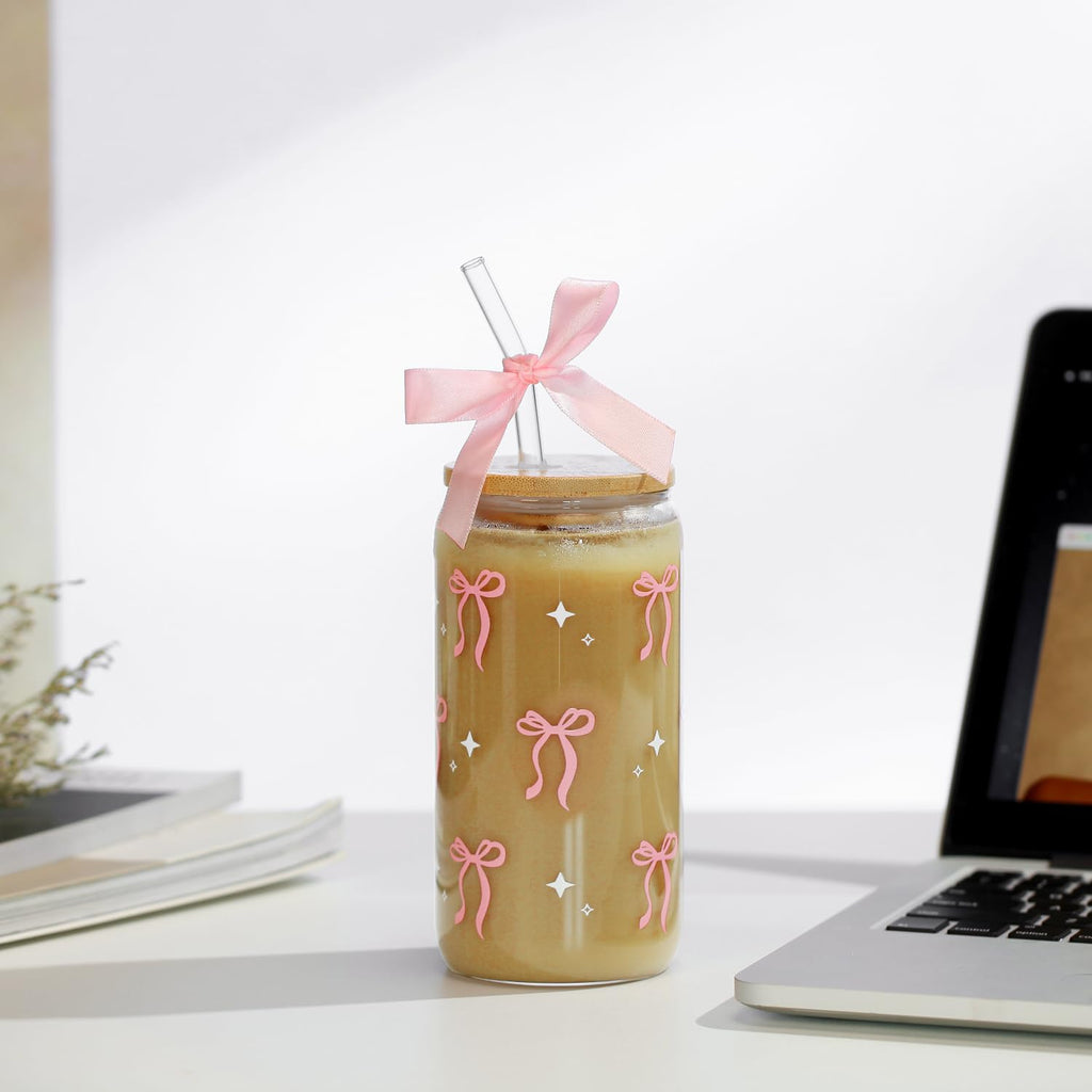 Coquette Black Bow Aesthetic Cup With Gift Box 16oz Glass Cup with Lids Straws and Black Bow Iced Coffee Smoothie Cute Tumbler with Cleaning Brush