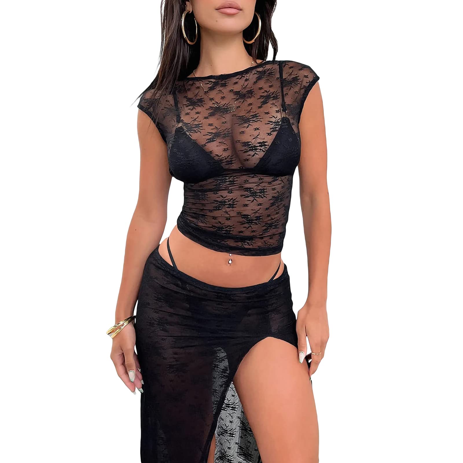 Vintage Lace Maxi Skirt Set Women 2 Piece Outfit Strapless Split Tube Top and Maxi Skirt Set