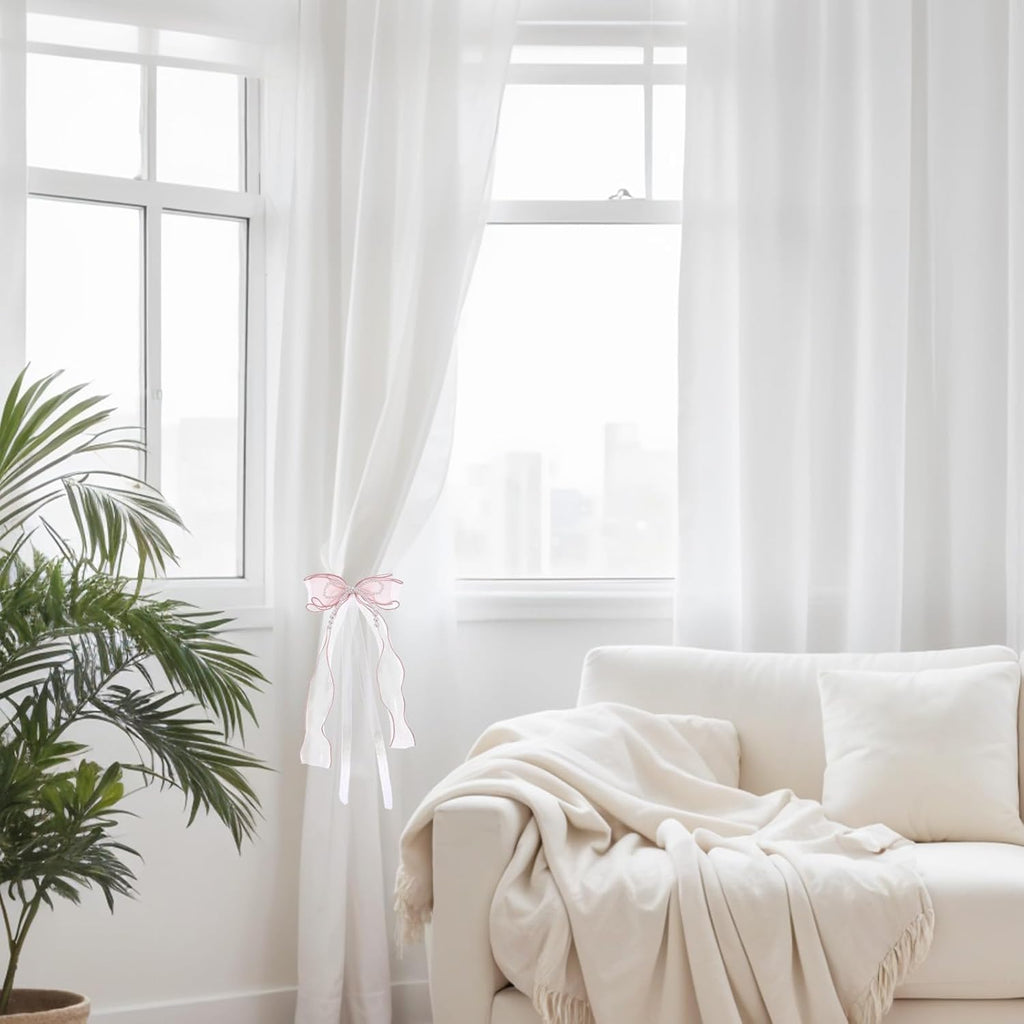 Sweet Pink Bow Curtain Holdbacks Buckles Ribbon Curtain Ties for with Pearls Home Decoration