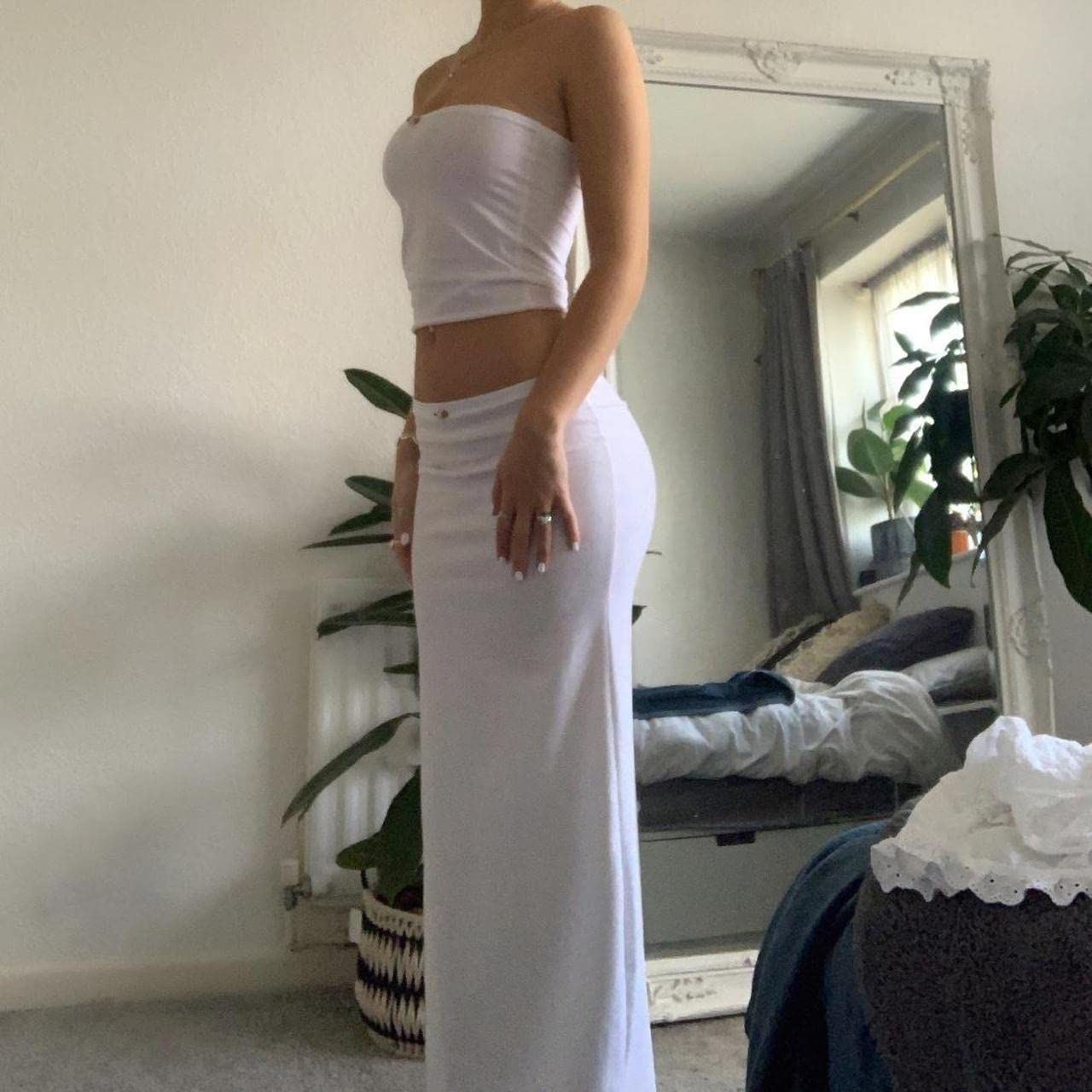 Vintage Lace Maxi Skirt Set Women 2 Piece Outfit Strapless Split Tube Top and Maxi Skirt Set