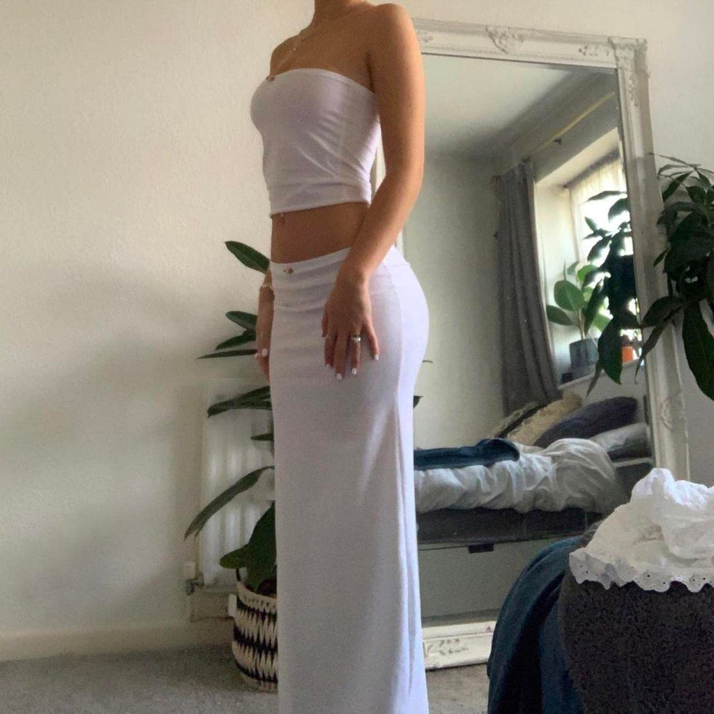 Vintage Lace Maxi Skirt Set Women 2 Piece Outfit Strapless Split Tube Top and Maxi Skirt Set