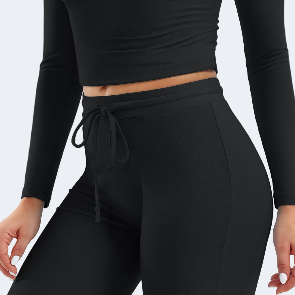 Two Piece Sets for Women Long Sleeve Tops Lounge Set Drawstring Wide Leg Pants Matching