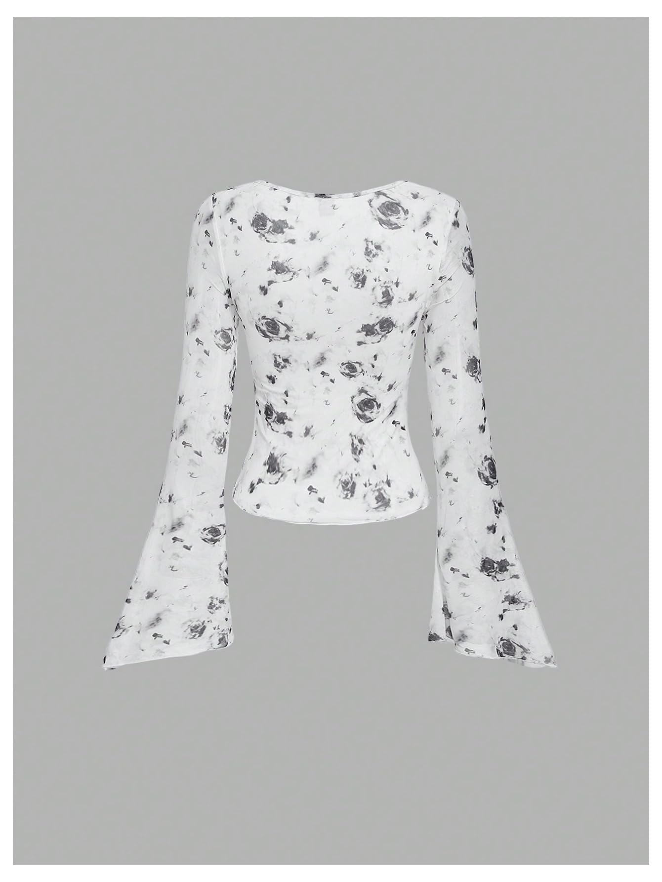 Verdusa Women's Floral Print Mesh Bell Sleeve Tie-Front Top with Lettuce Trim