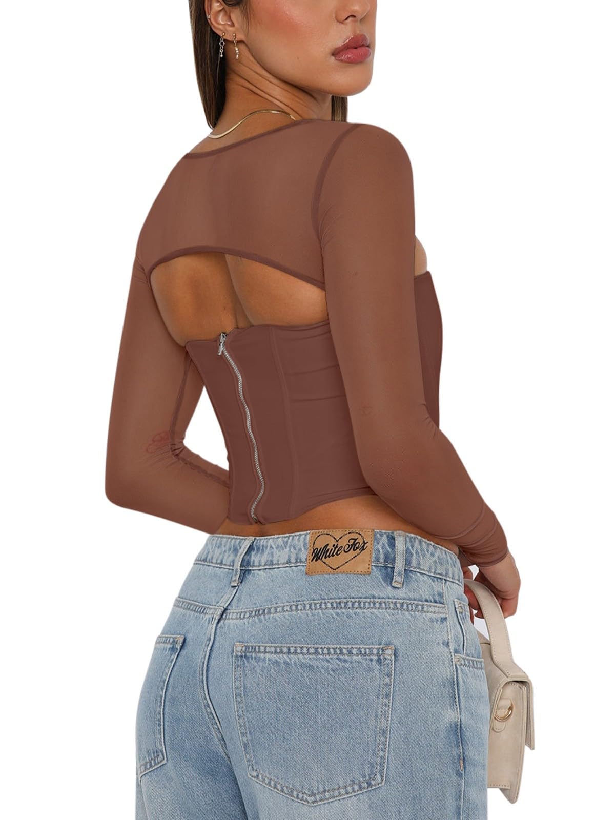 Women's Sexy Sheer Long-Sleeve Corset â€?Y2K Square Neck, Cropped Party Top