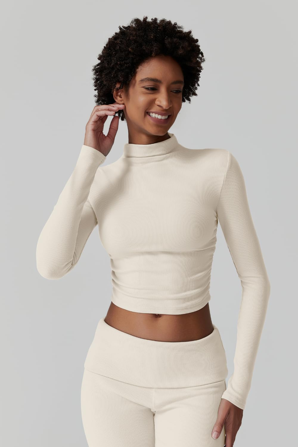 Womens 2 Piece Lounge Sets Mock Neck Long Sleeve Tops with Side Ruched Fold Over Flare Pants Comfy Tracksuits