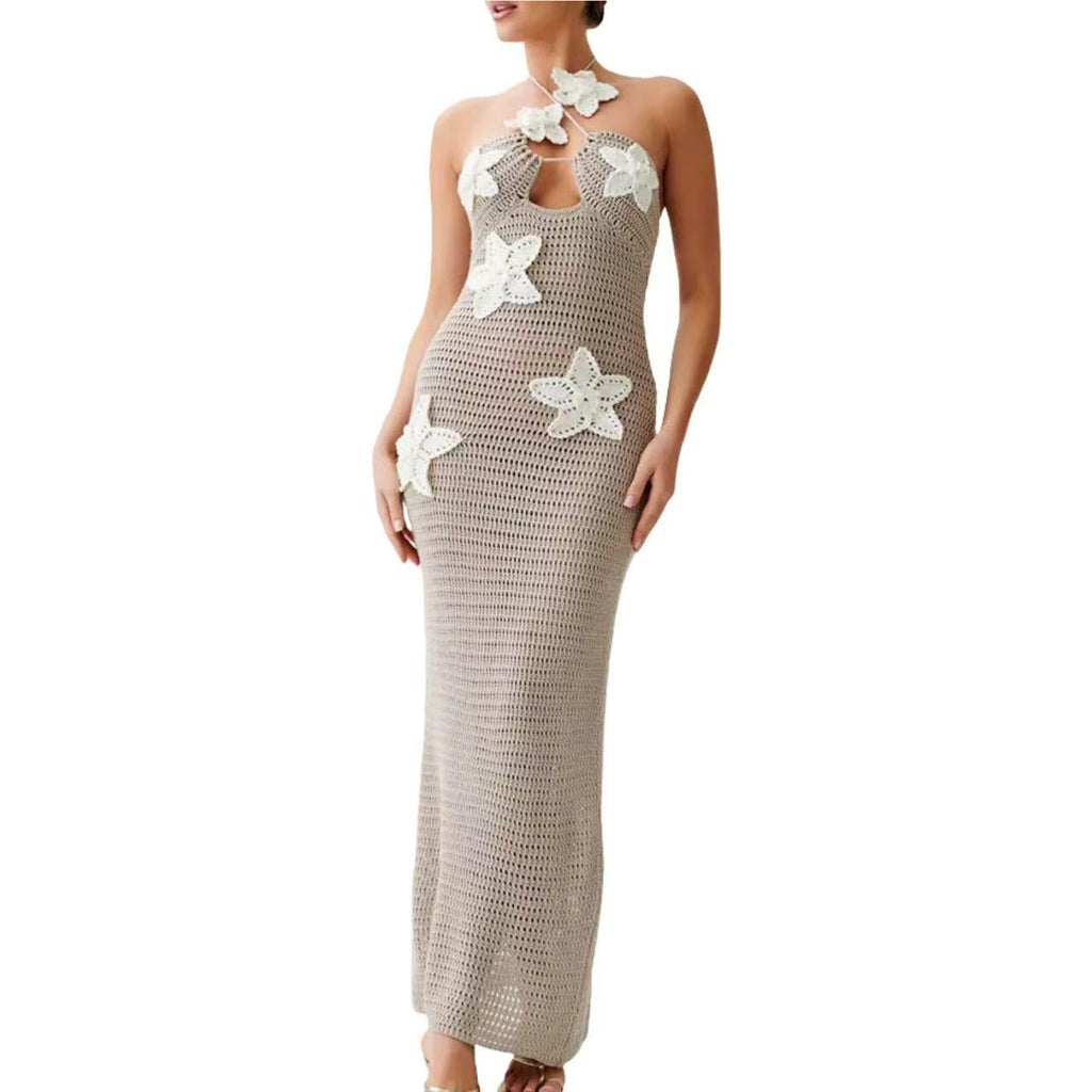 Women Halter Hollow Out Knitted Mini Dress Sexy Crochet 3D Flower Mini Dress