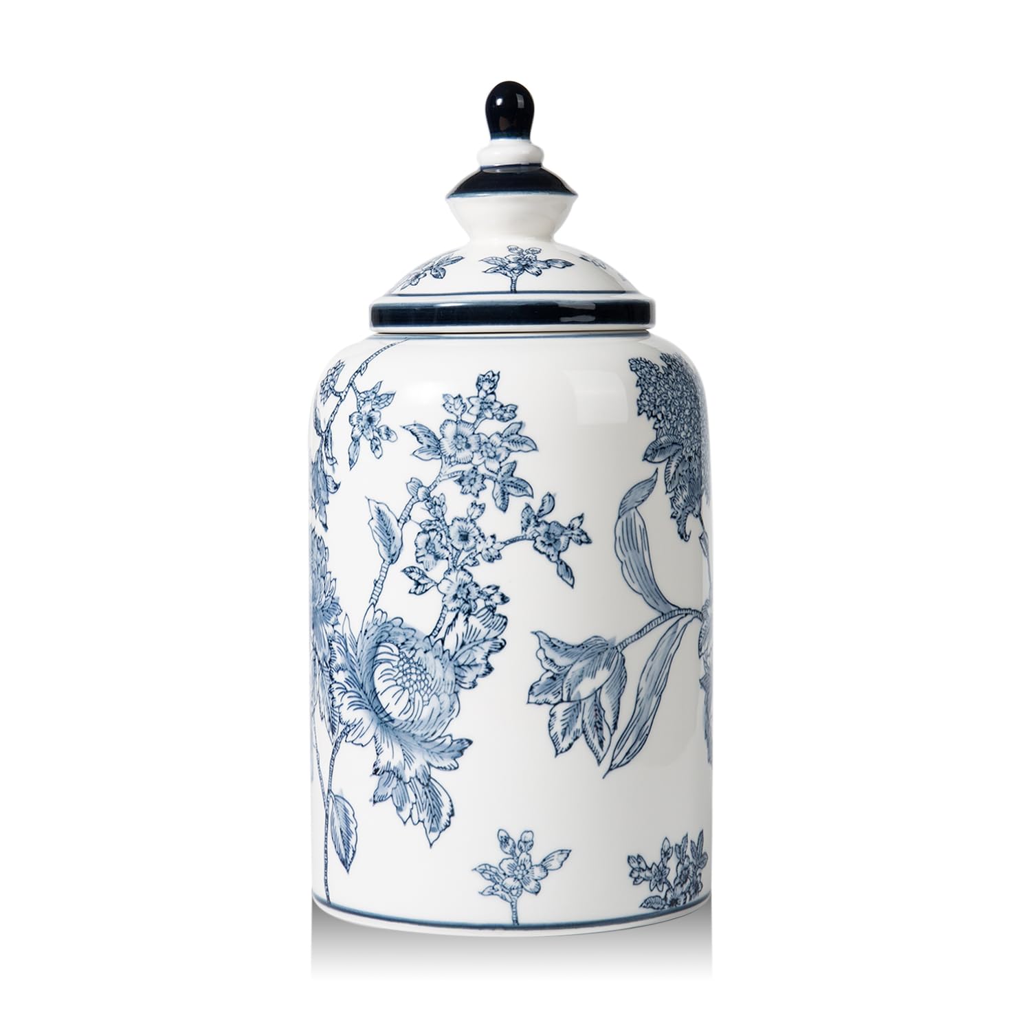 Chinoiserie Blue and White Jar Vase Decor, Ceramic Decorative Jars with Lid, 12x6 Inch, Flowers and Branches