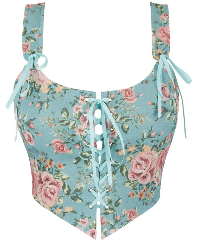 Womens Vintage Floral Print Grommet Lace Up Tie Front Corset Bustier Shapewear Top