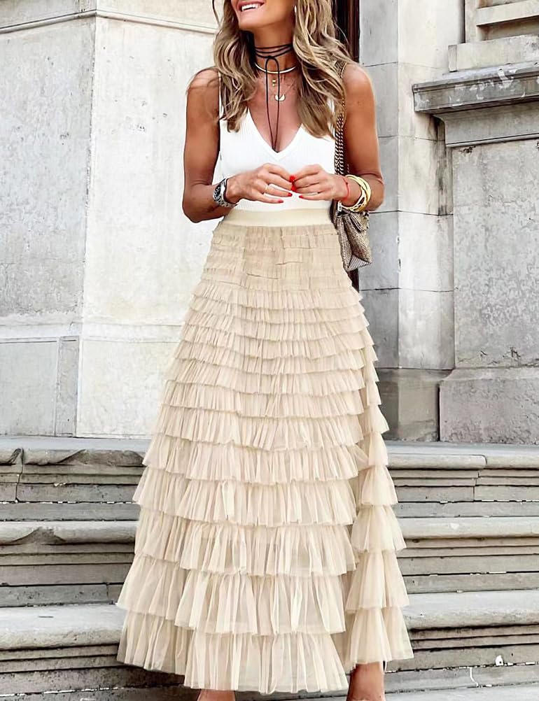 Long Tulle Skirt for Women Trendy High Waisted A Line Fluffy Fairy Mesh Layered Ruffle Skirt