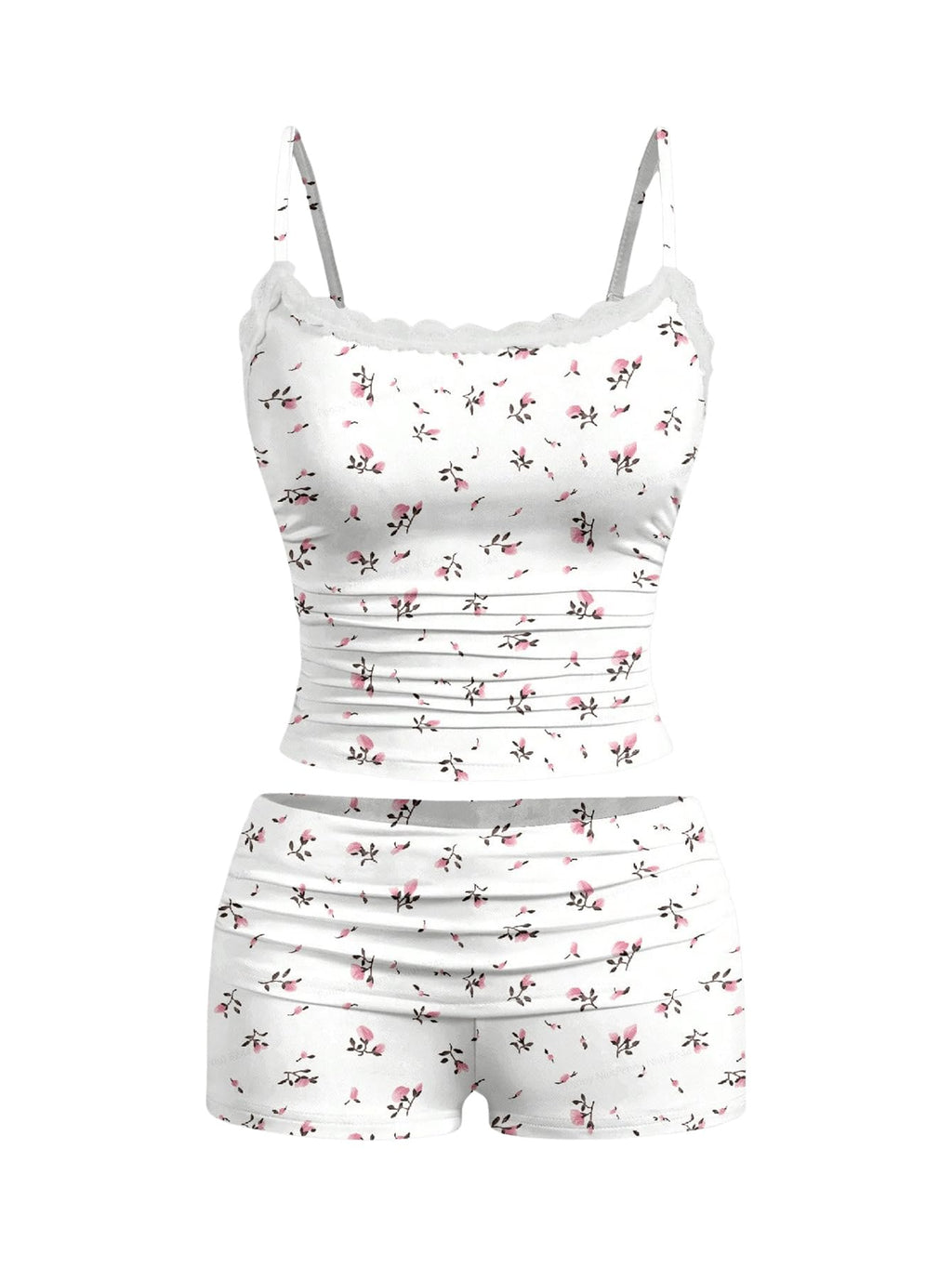 Women's 2 Piece Cute Pajama Set Cartoon Print Ruched Cami Crop Tops and Shorts Lounge Sets