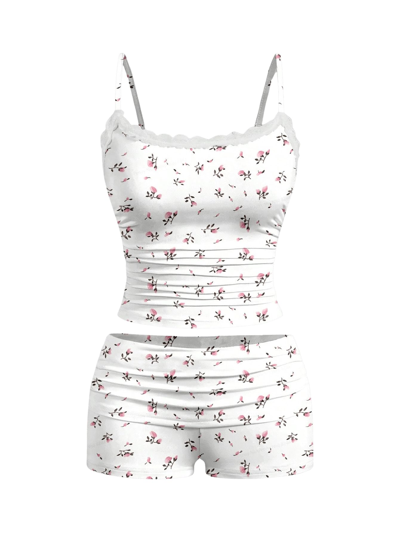 Women's 2 Piece Cute Pajama Set Cartoon Print Ruched Cami Crop Tops and Shorts Lounge Sets