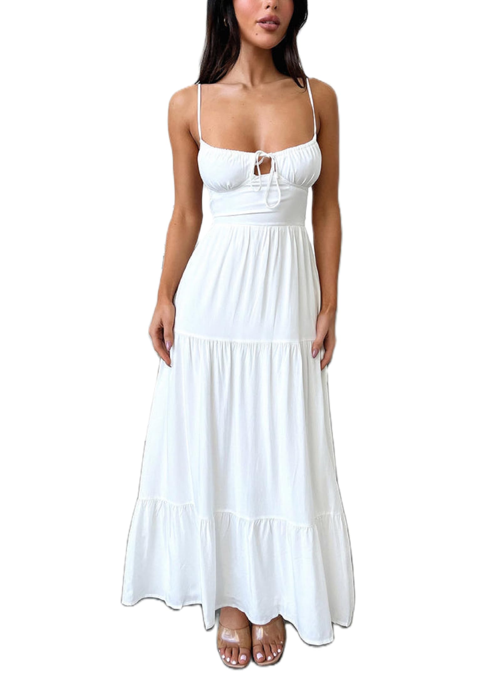 Women Y2k Bodycon Long Dress Spaghetti Strap Low Cut Dress Casual Backless Flowy Maxi Dress Sexy