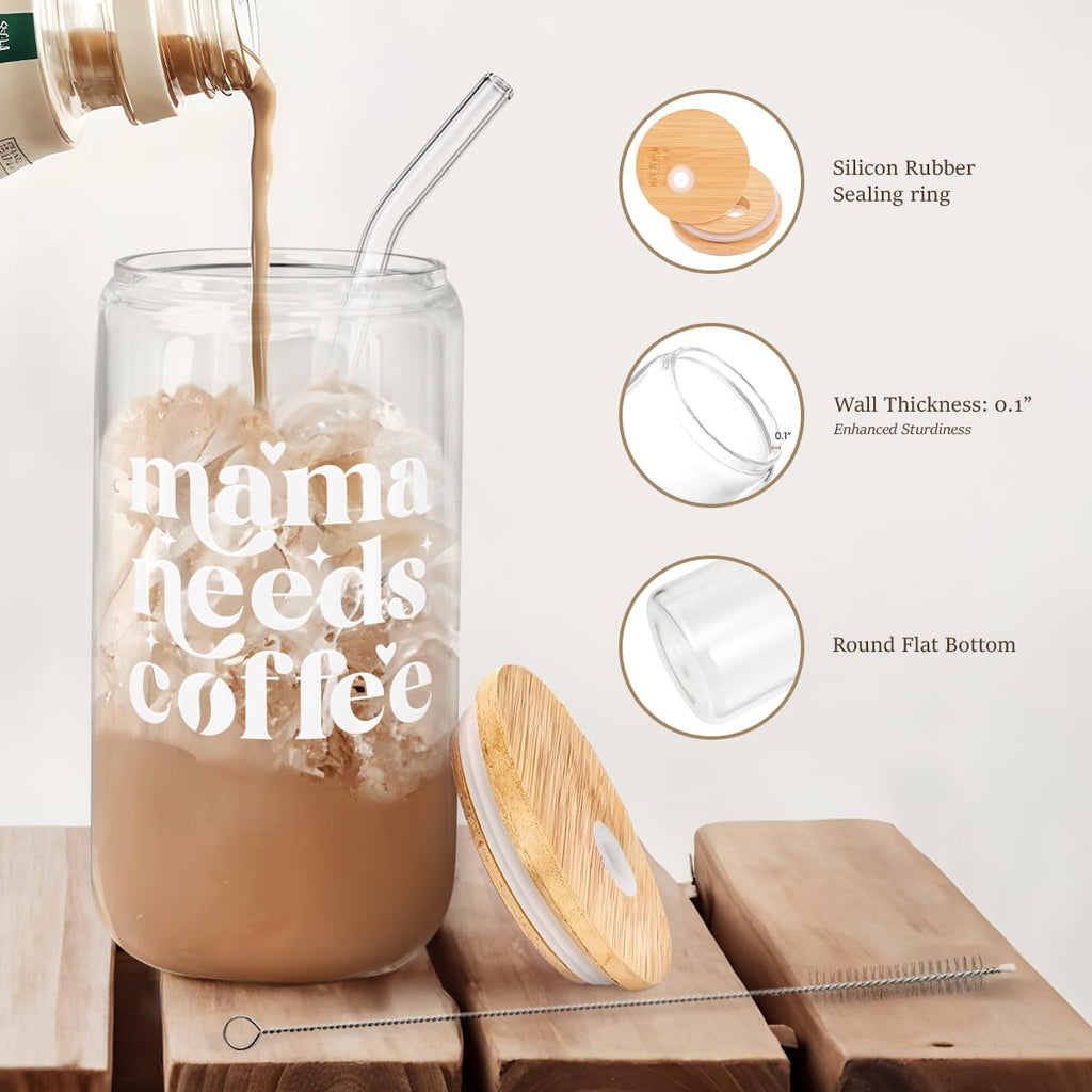 Glass Cup with Lid & Straw, Iced Coffee Aesthetic Glass Can, 16oz