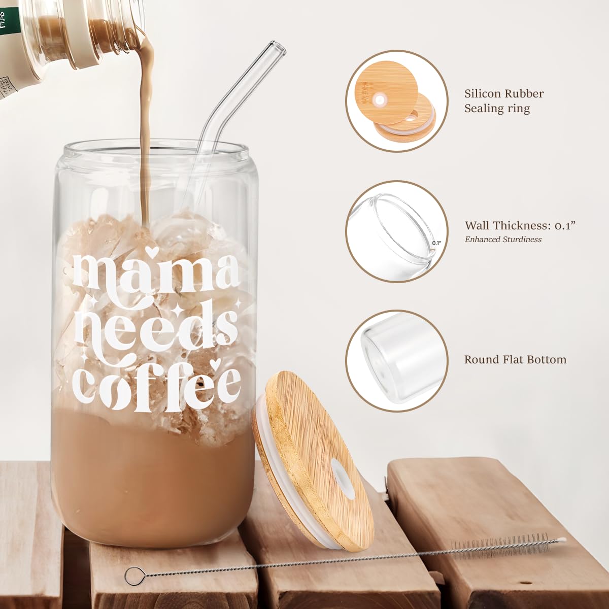 Glass Cup with Lid & Straw, Iced Coffee Aesthetic Glass Can, 16oz