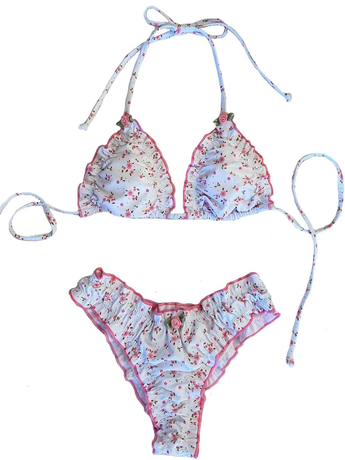 Women Y2k Bikinis Sets Coquette Aesthetic Bows Halter Tie Up Bikini Top High Cut Elastic Waist Bikini Bottom