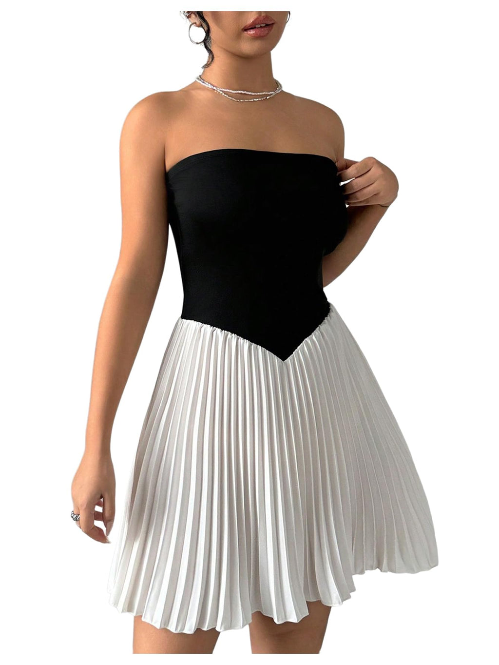 Women's Colorblock Strapless Tube Top Dress Backless Ruffled Pleated A Line Mini Dresses