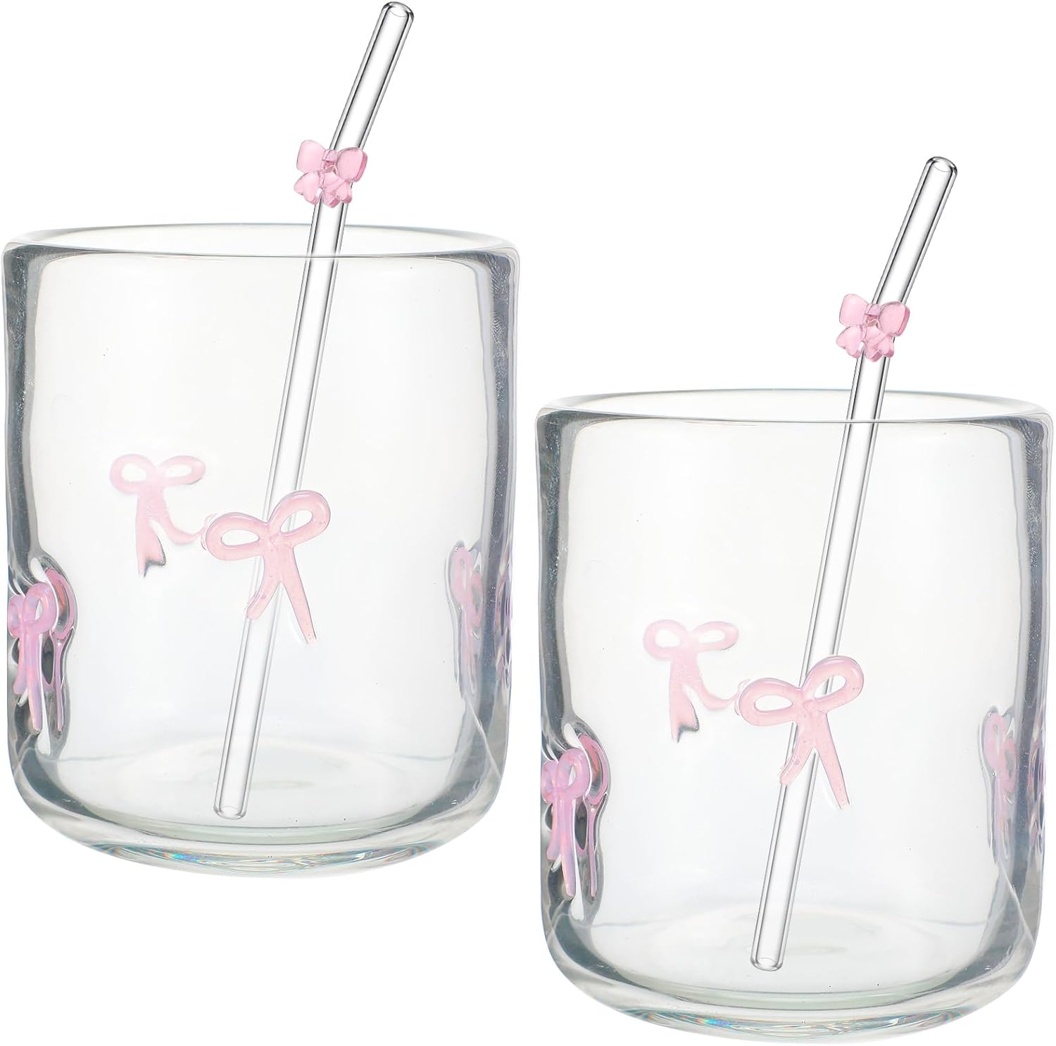 Coquette Pink Bow Aesthetic Cup Bow Icon Juice Glass With Glass Straw with Pink Bow - 14 ounce
