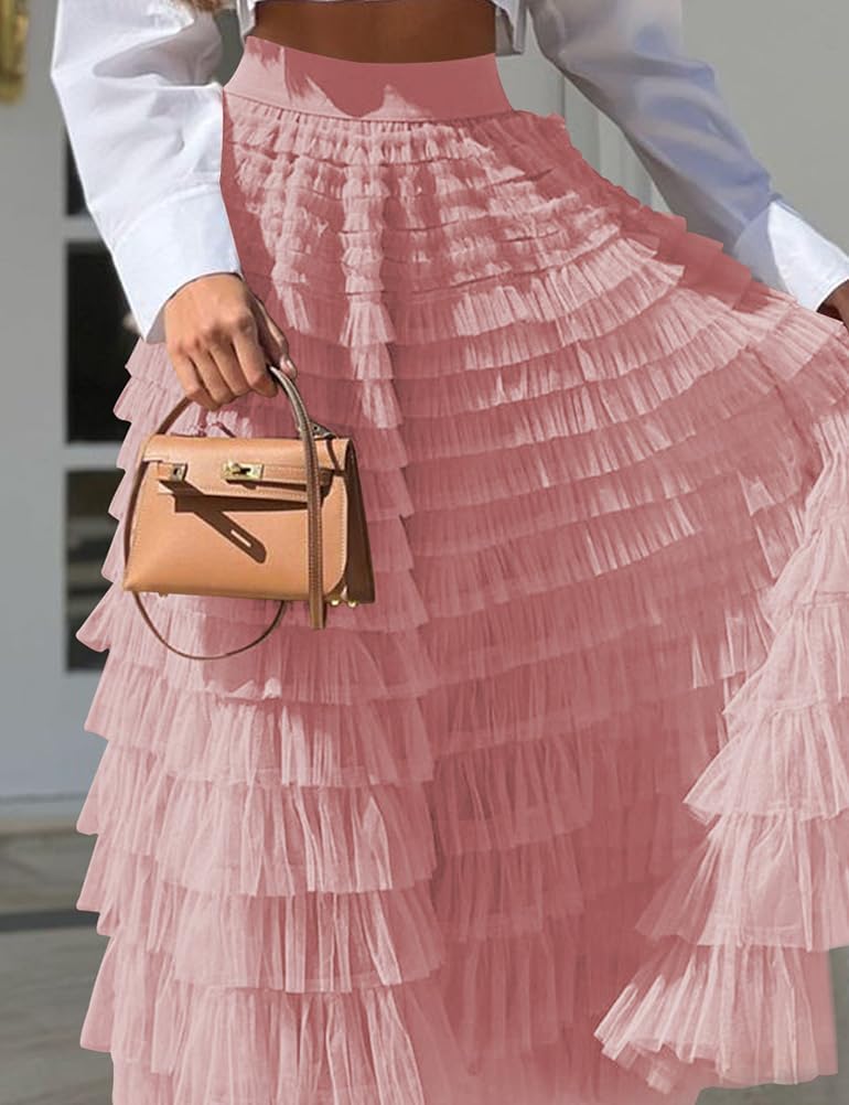 Long Tulle Skirt for Women Trendy High Waisted A Line Fluffy Fairy Mesh Layered Ruffle Skirt