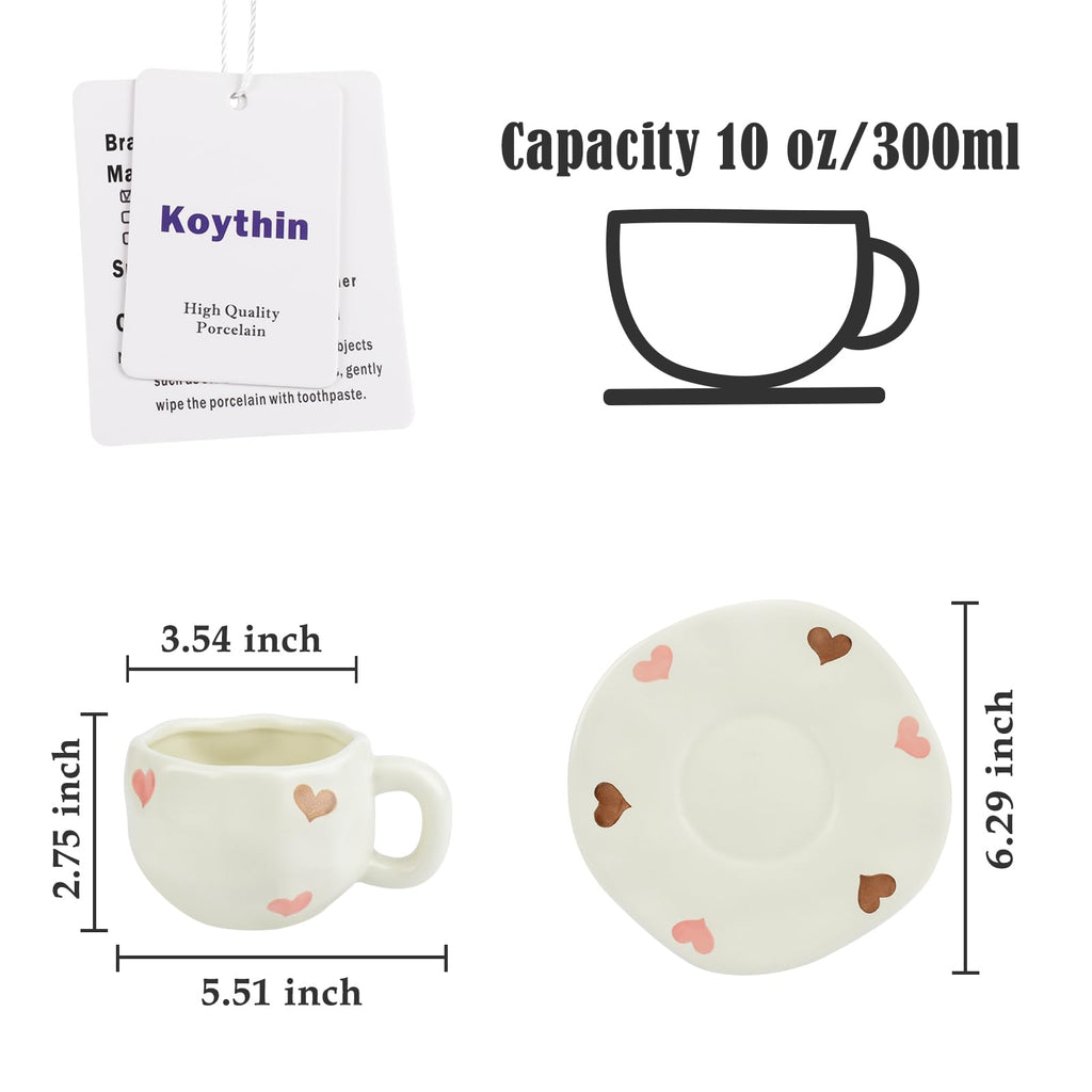 Ceramic Coffee Mug with Saucer Set, Cute Creative Cup Unique Irregular Design, 10 oz/300 ml