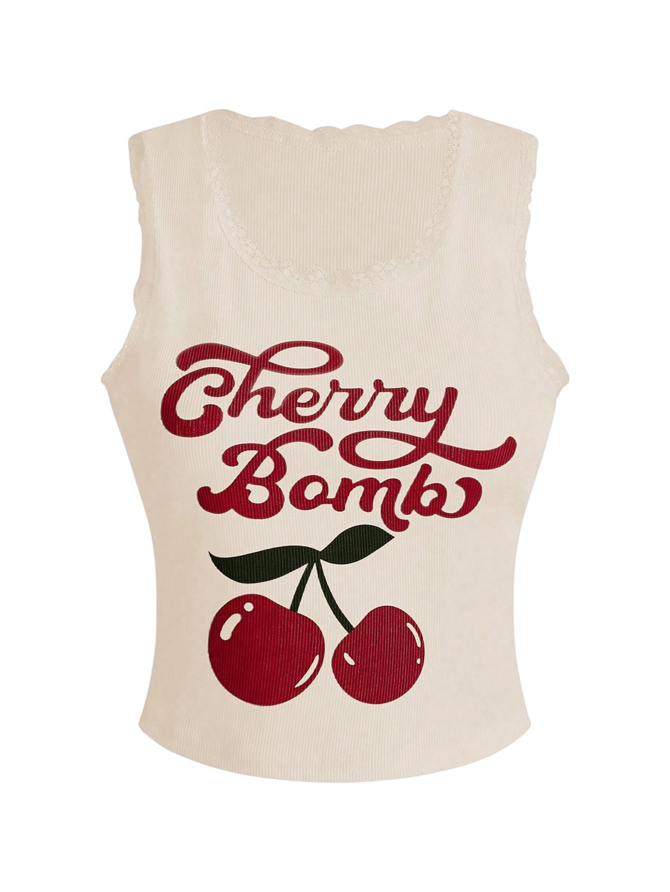 Women's Crewneck Letter Cherry Print Lace Tank Top Rib Knit Vest Top