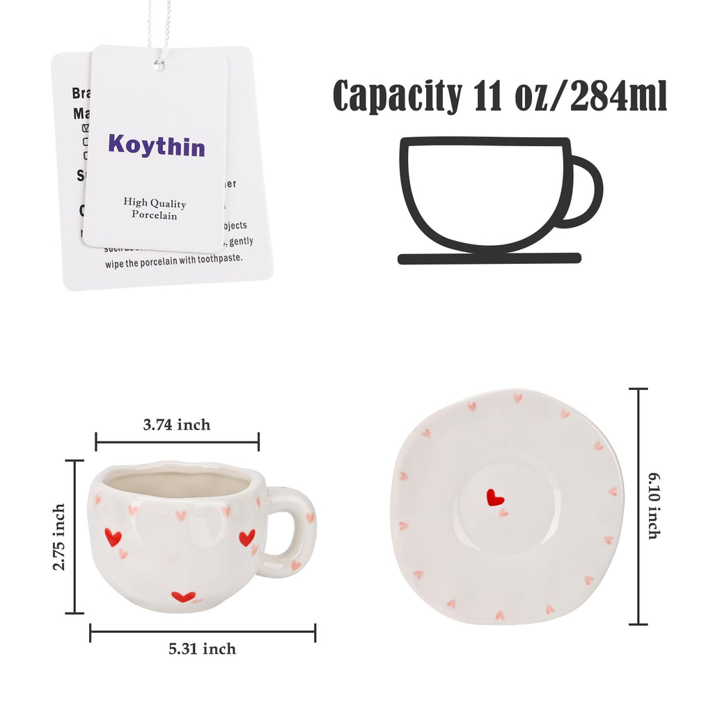 Ceramic Coffee Mug with Saucer Set, Cute Creative Cup Unique Irregular Design, 10 oz/300 ml