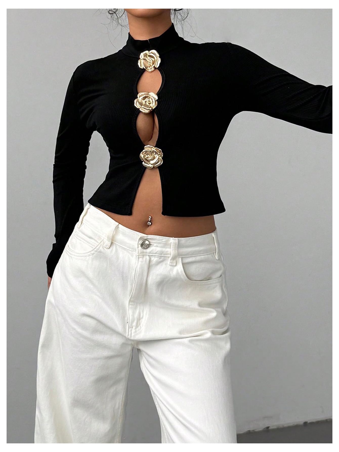 Women's Metallic 3D Floral Cut Out Tee Shirt Long Sleeve Mock Neck Crop Top