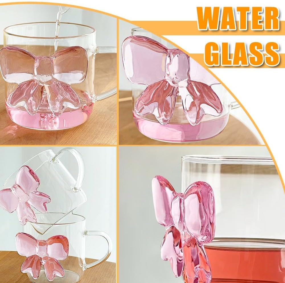 Glass Coffee Mug with Pink Bow Design with Handle, Elegant and Durable 13.5 oz Glassware for Hot and Cold Beverage