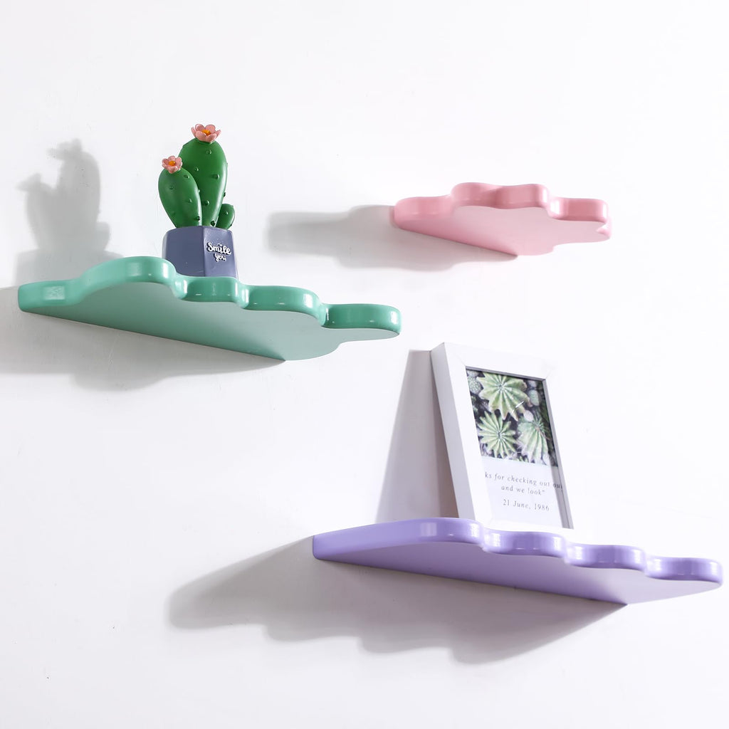 Set of 3 Wavy Cloud Floating Shelves â€?Funky Kawaii Danish Wall Decor for Bedroom & Bathroom (Pink, Green, Purple)