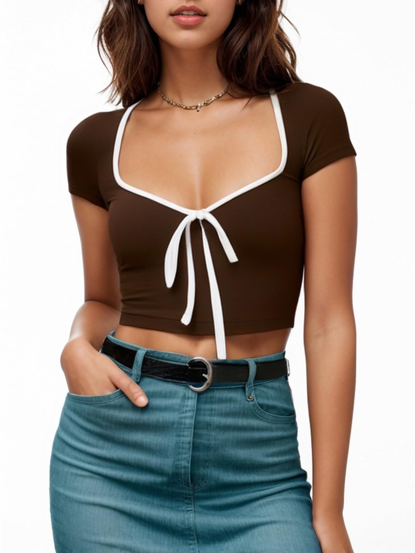 Womens Summer Short Sleeve Bow Square Neck Baby Tees Color Block Basic Crop Tops
