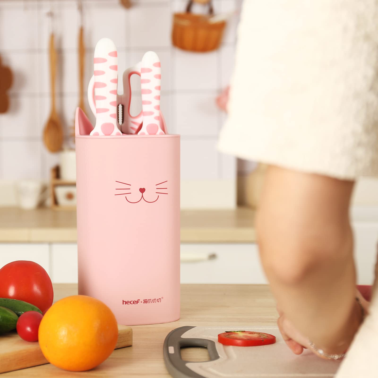 Cute Kitchen Knife Set, Dishwasher Safe, 5-piece Non-Stcik Knives Set with Detachable Block and Scissors,Sharp for Chopping, Slicing, Dicing and Cutting