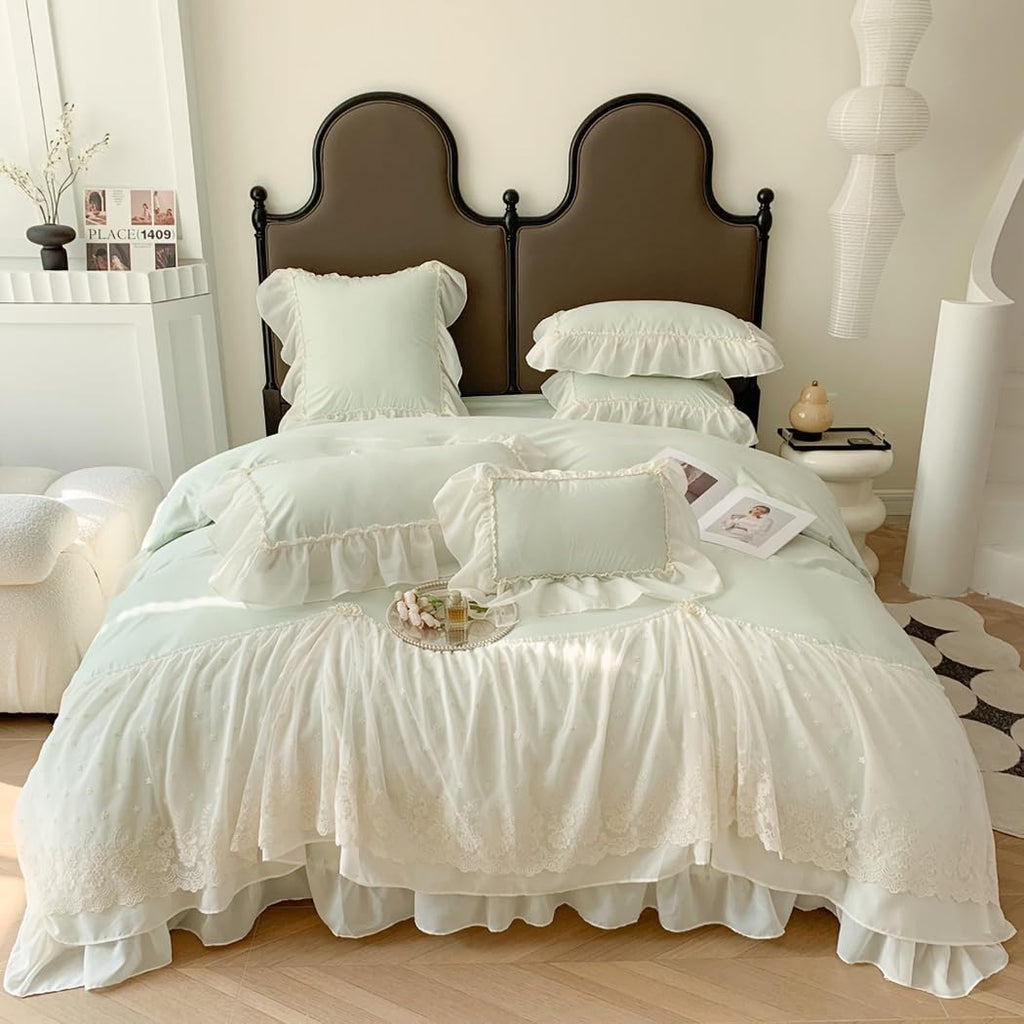 Lace Duvet Cover - Chiffon Ruffled Beddding Set with Flower, 3 Pieces Comforter Cover Set with Zipper Closure and Pillowcase