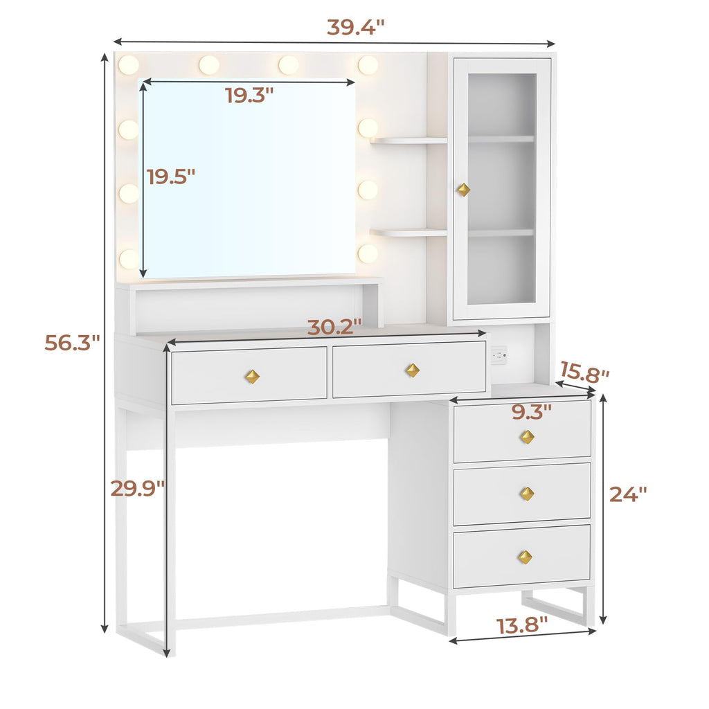 Vanity Desk with Mirror and Lights & Charging Station, White Vanity Table with 5 Storage Drawer & Glass Door & 3 Shelves
