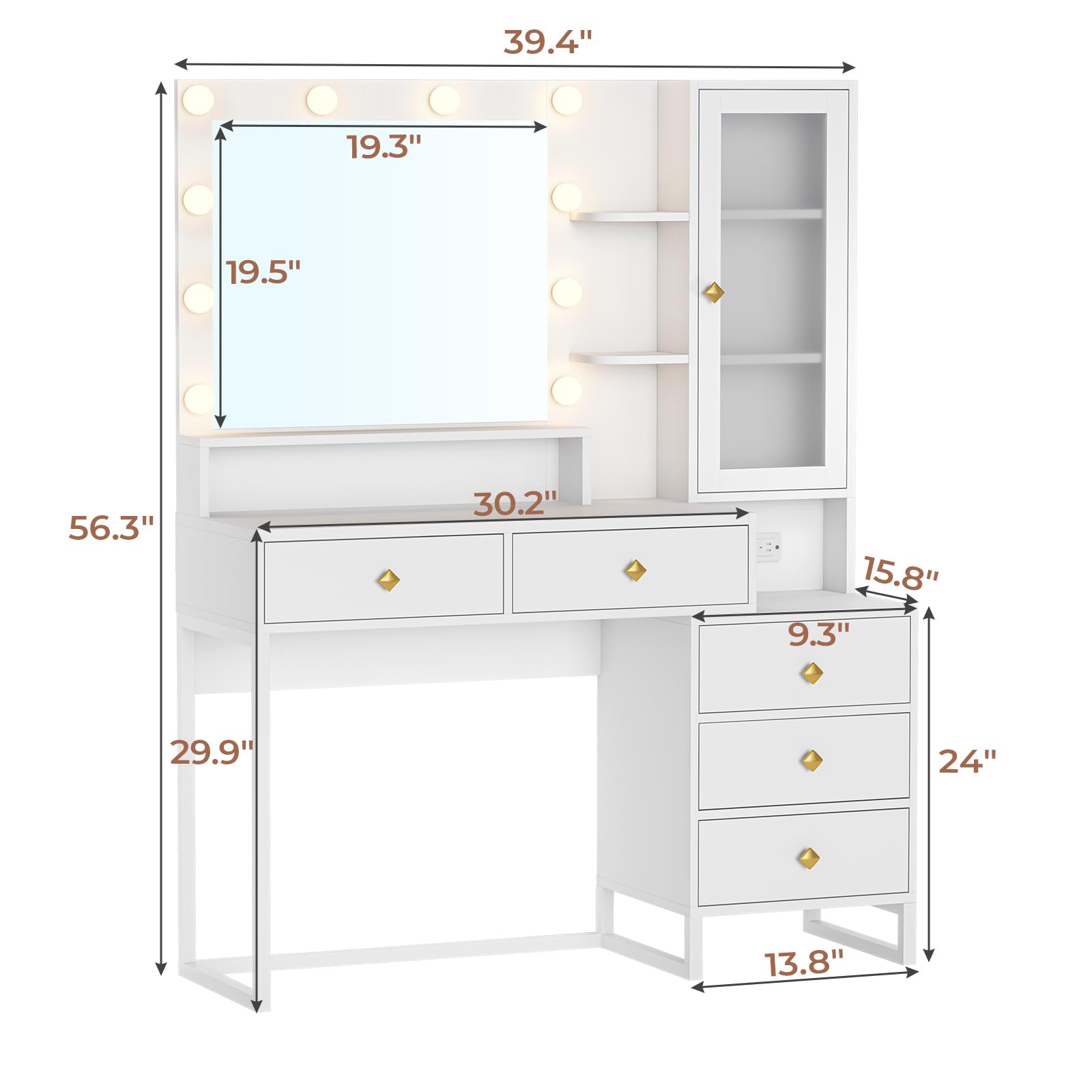 Vanity Desk with Mirror and Lights & Charging Station, White Vanity Table with 5 Storage Drawer & Glass Door & 3 Shelves