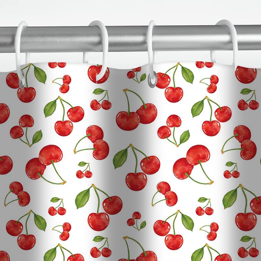 Cute Sweet Cherry Shower Curtain Set with Hooks - Fruit Shower Curtain for Bathroom - Waterproof Durable Fabric 72x72 Inches