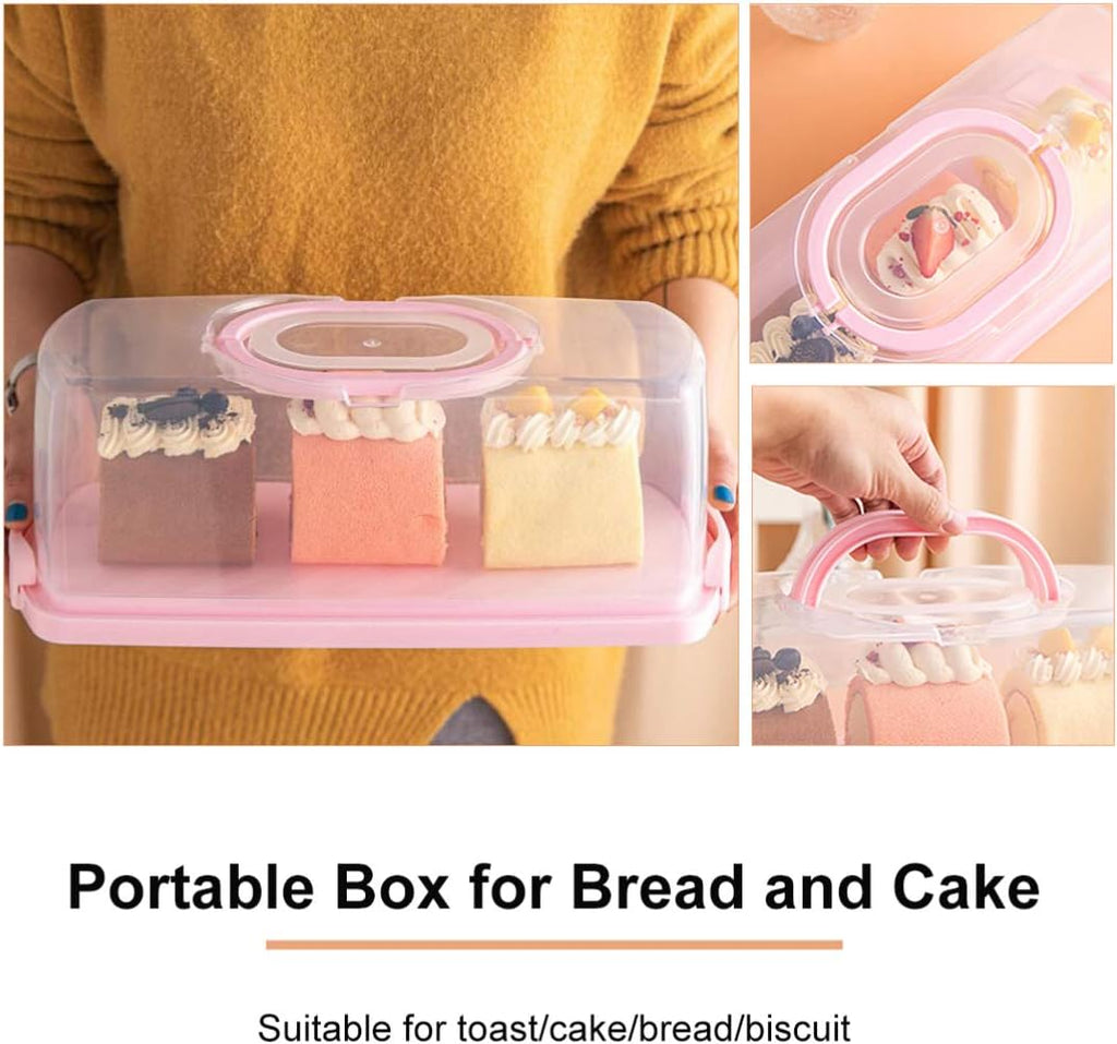 Pink Portable Transparent Cake Box with Handle Sealing Buckle Food Storage Case