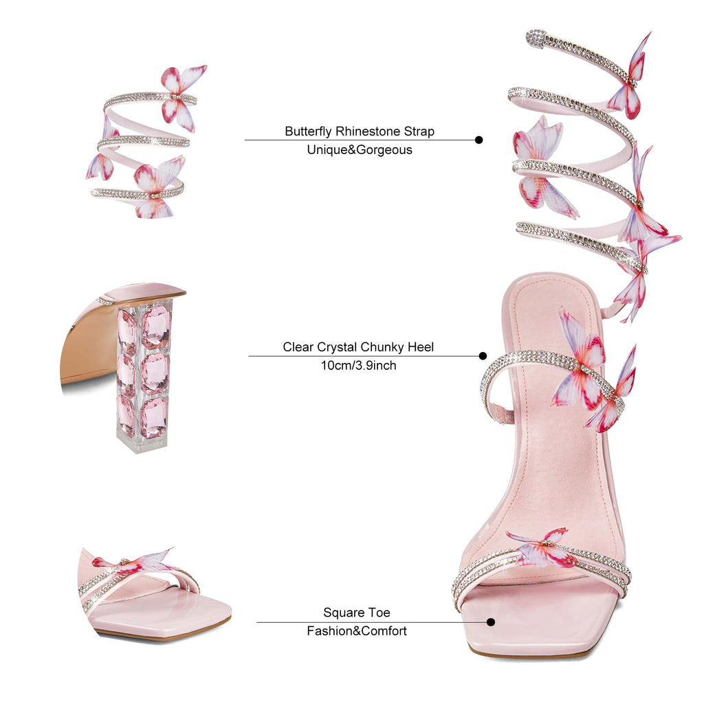 Butterfly Rhinestone Strappy Heels - Crystal High Block Heeled Square Open Toe