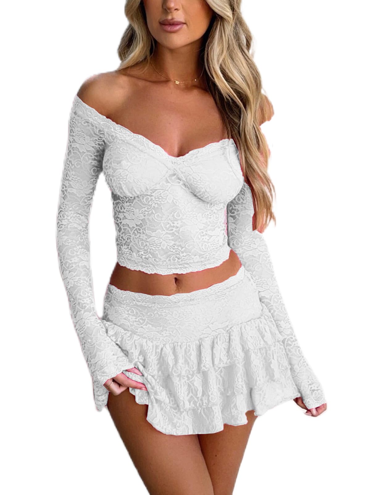 Ladies 2 Pieces Mini Skirt Set for Women Elegant Lace Crop Top Bodycon Skirts Sheer Mesh Y2K Matching Sets