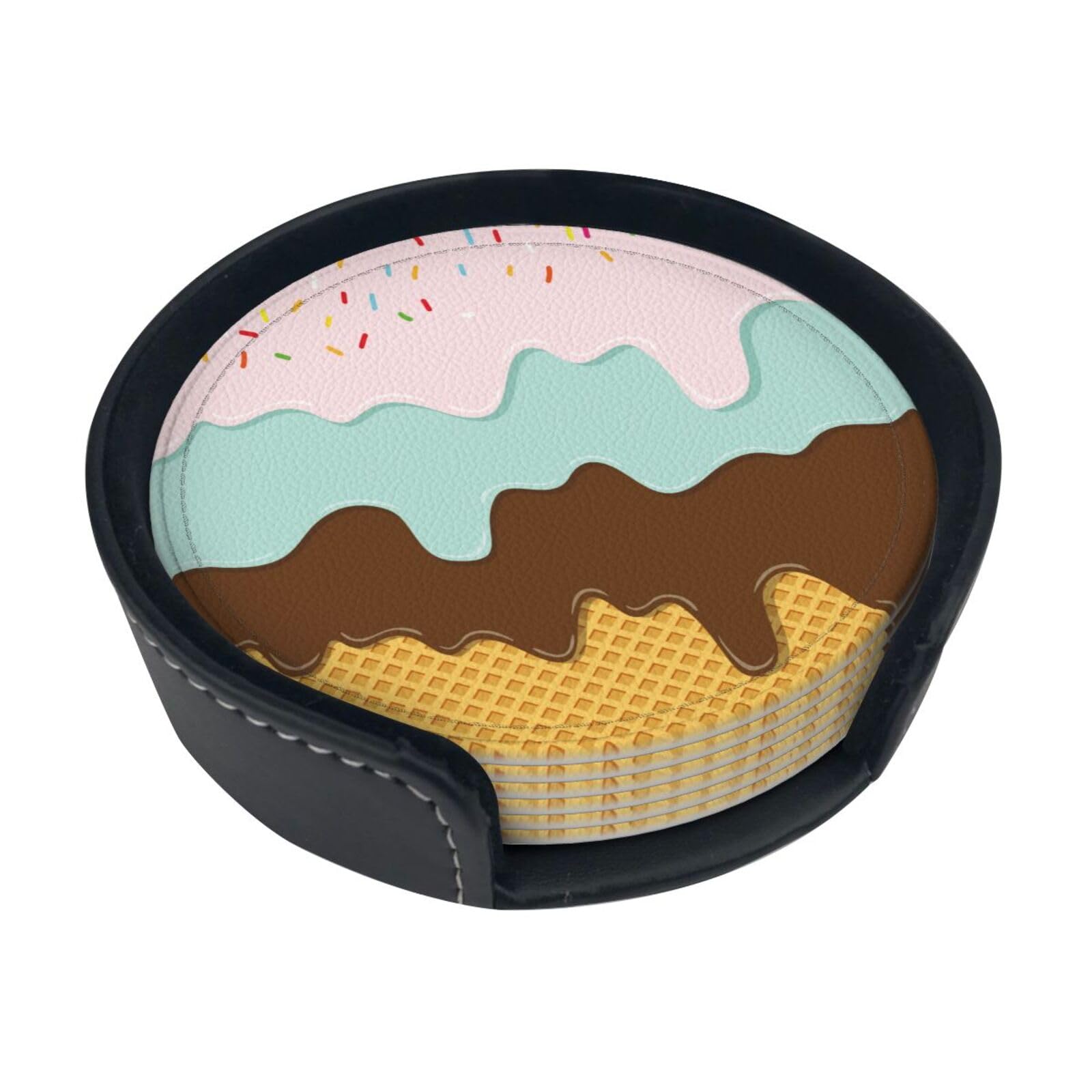 Coasters for Drinks Round Leather Coaster with Holder Set of 6 for Tabletop Protection