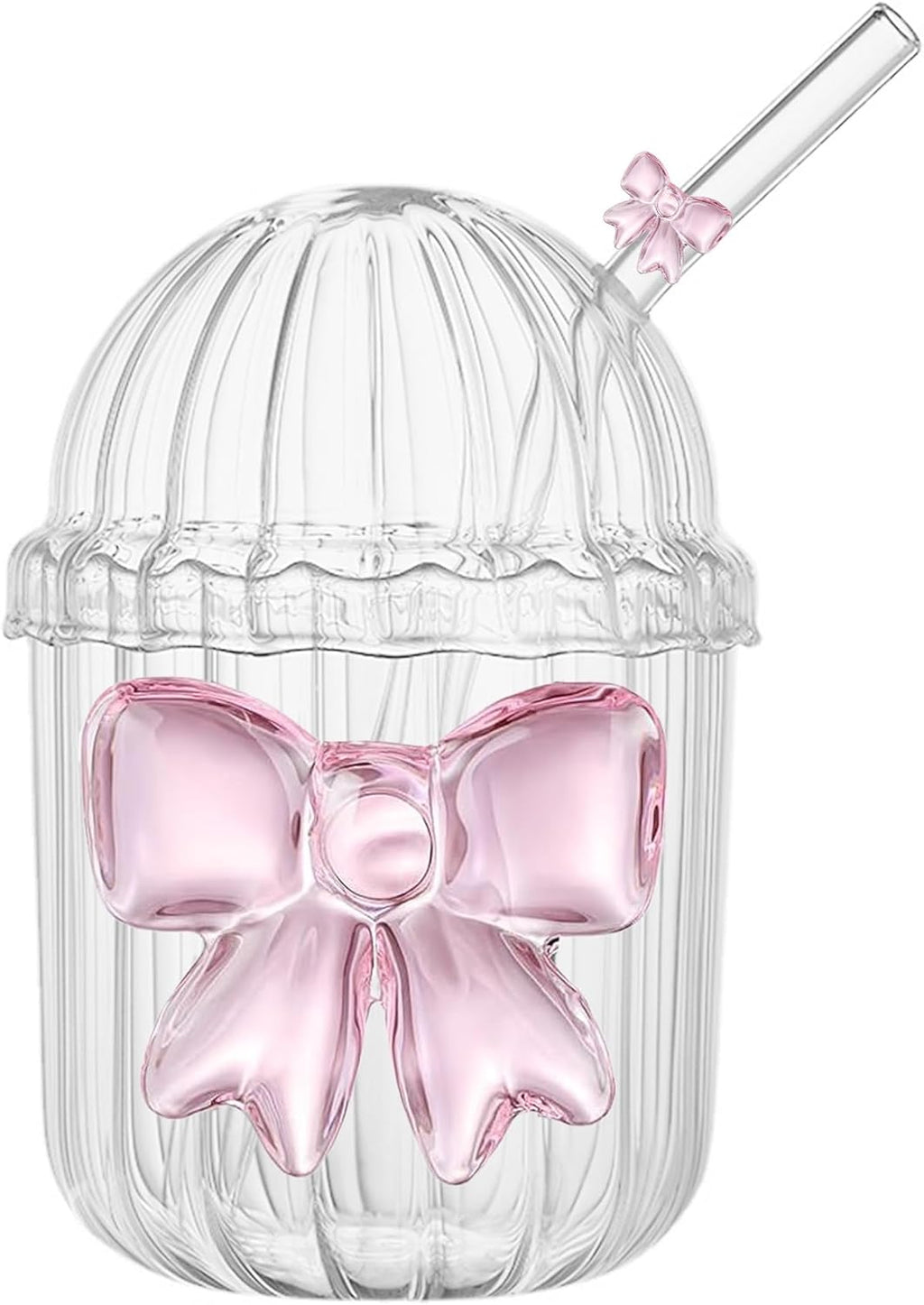 Coquette Cute Pink Bow Glass Cup with Lid And Straw, Aesthetic Glass Tumbler