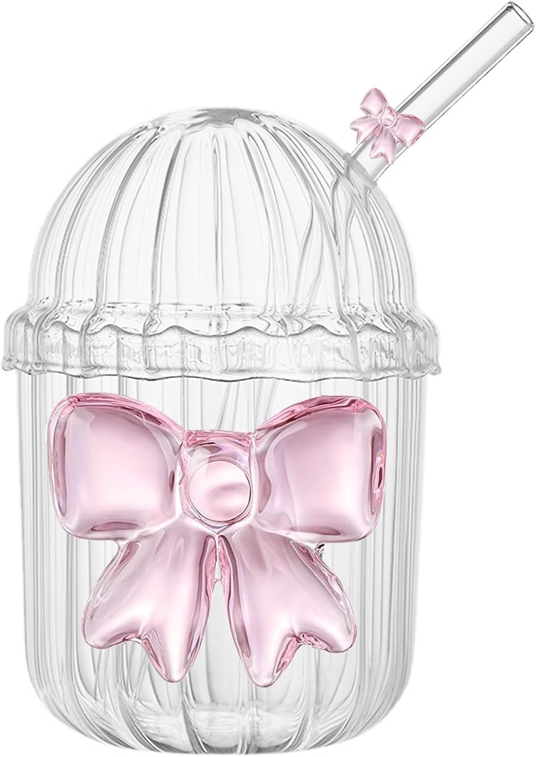 Coquette Cute Pink Bow Glass Cup with Lid And Straw, Aesthetic Glass Tumbler