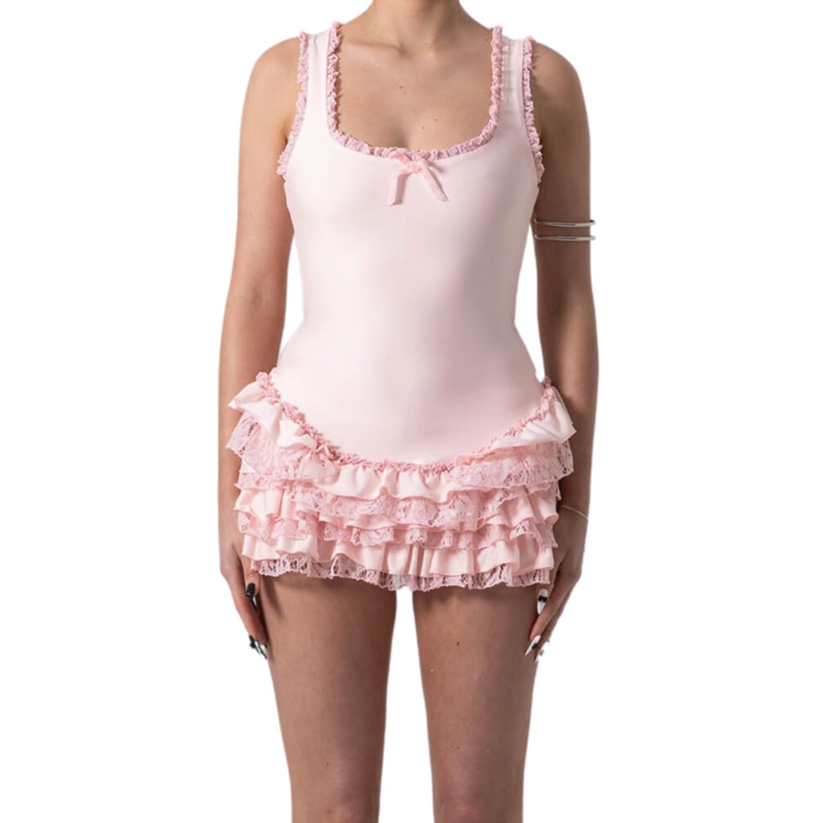 Y2K Coquette Lace-Trimmed Romper Dress â€?Vintage-Inspired Sleeveless Bodysuit with Square Neck
